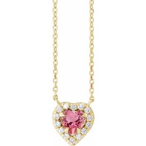 14K Yellow Natural Pink Tourmaline & 1/8 CTW Natural Diamond French-Set Halo-Style 18" Necklace
