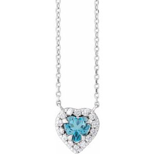 14K White Gold Natural London Blue Topaz & 1/8 CTW Natural Diamond French-Set Halo-Style 16" Necklace