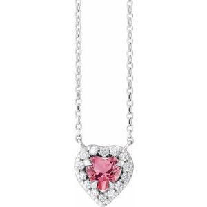 Sterling Silver Natural Pink Tourmaline & 1/8 CTW Natural Diamond French-Set Halo-Style 18" Necklace