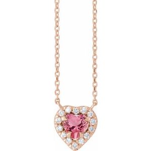 14K Rose Gold Natural Pink Tourmaline & 1/8 CTW Natural Diamond French-Set Halo-Style 16" Necklace