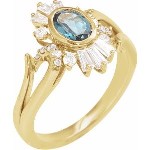 14K Yellow Gold Natural London Blue Topaz & 1/2 CTW Natural Diamond Halo-Style Ring