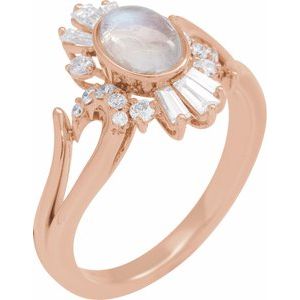 14K Rose Gold Natural Rainbow Moonstone & 1/2 CTW Natural Diamond Halo-Style Ring