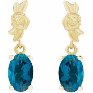 14K Yellow Gold 7x5 mm Natural London Blue Topaz Floral Earrings