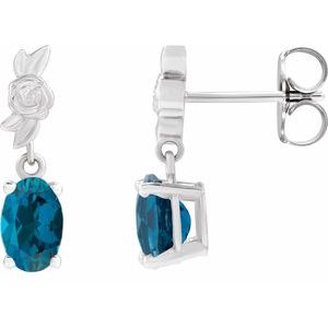 14K White Gold 6x4 mm Natural London Blue Topaz Floral Earrings