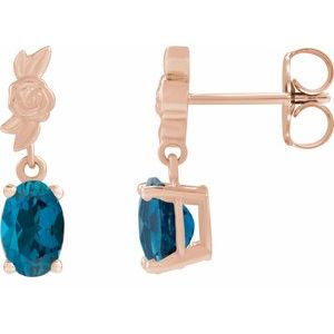 14K Rose Gold 7x5 mm Natural London Blue Topaz Floral Earrings