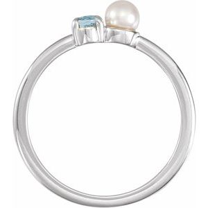 14K White Gold Natural Aquamarine & Cultured White Akoya Pearl Ring