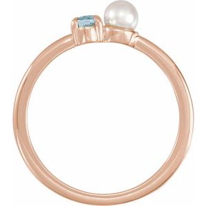 14K Rose Gold Natural Aquamarine & Cultured White Akoya Pearl Ring