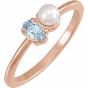14K Rose Gold Natural Aquamarine & Cultured White Akoya Pearl Ring