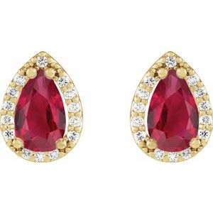 14K Yellow Gold Lab-Grown Ruby & .05 CTW Natural Diamond Halo-Style Earrings