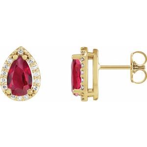 14K Yellow Gold Lab-Grown Ruby & .05 CTW Natural Diamond Halo-Style Earrings