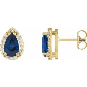 14K Yellow Gold Lab-Grown Blue Sapphire & 1/10 CTW Natural Diamond Halo-Style Earrings