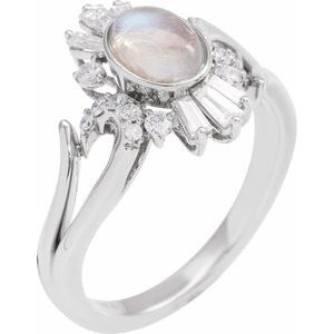 14K White Gold Natural Rainbow Moonstone & 1/2 CTW Natural Diamond Halo-Style Ring