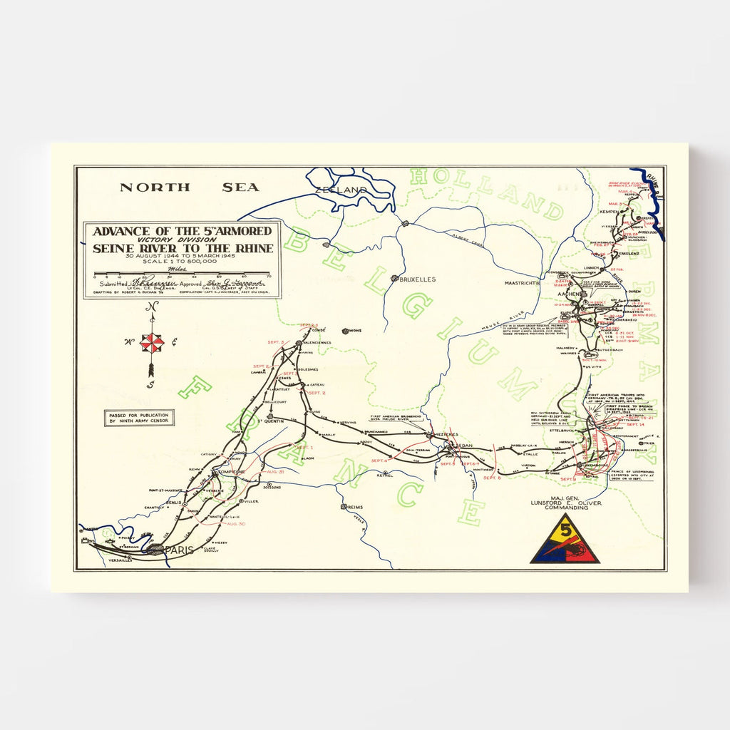 Vintage 5th Armored Victory Division Map 1945