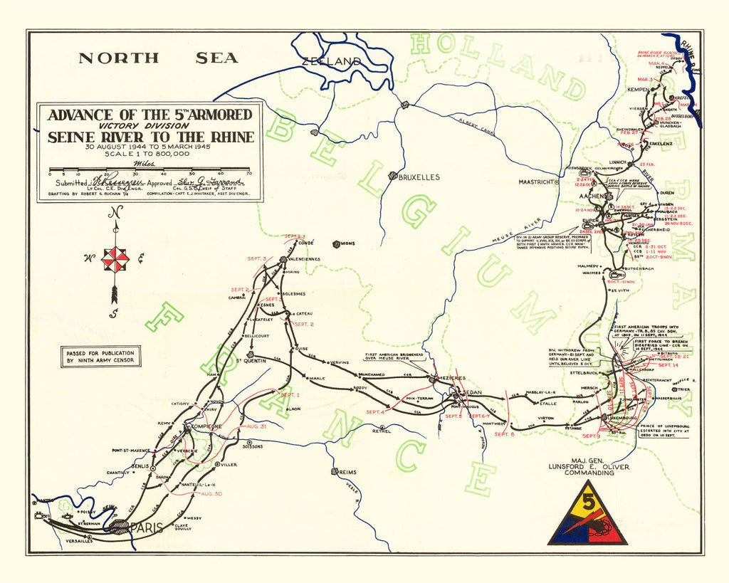 Vintage 5th Armored Victory Division Map 1945