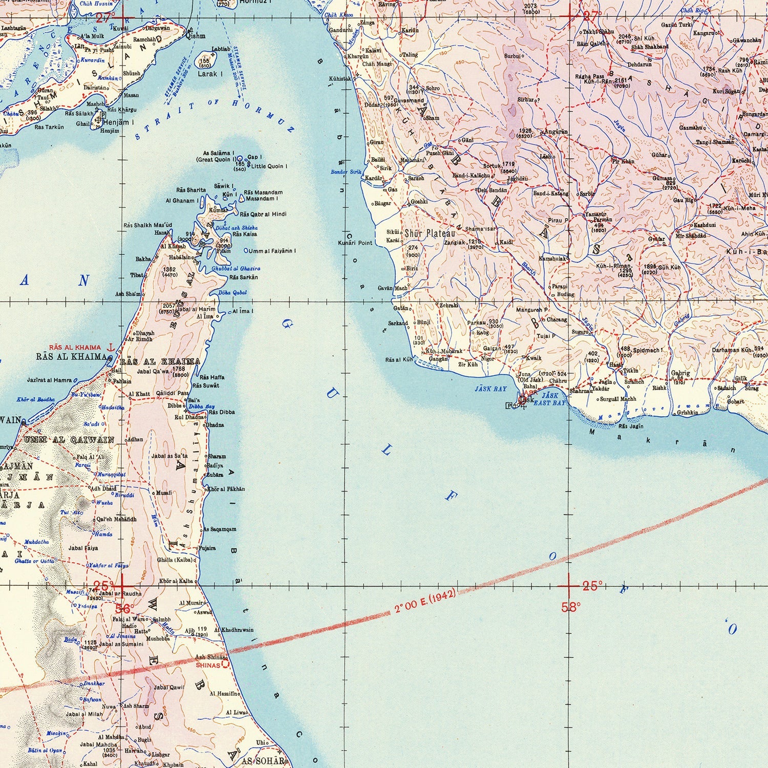 Vintage Bandar Abbas Strait of Hormuz Map 1945