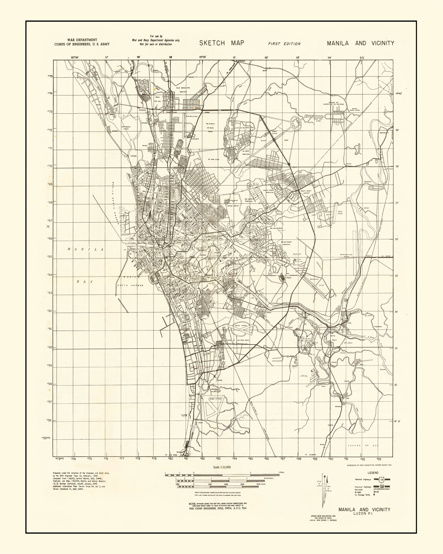 Vintage Manila Philippines World War II Map 1945