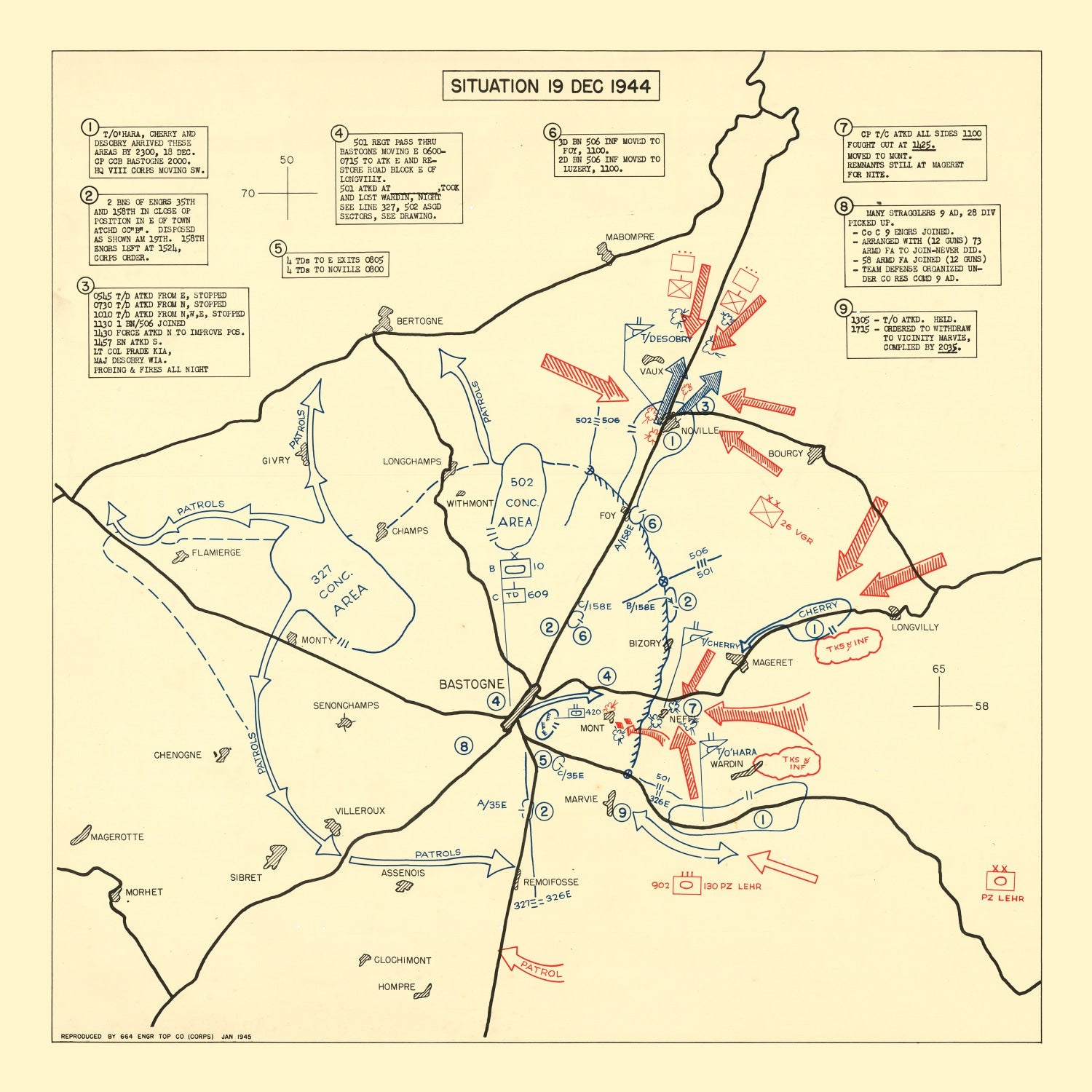 Vintage Battle of Bastogne Map 1944