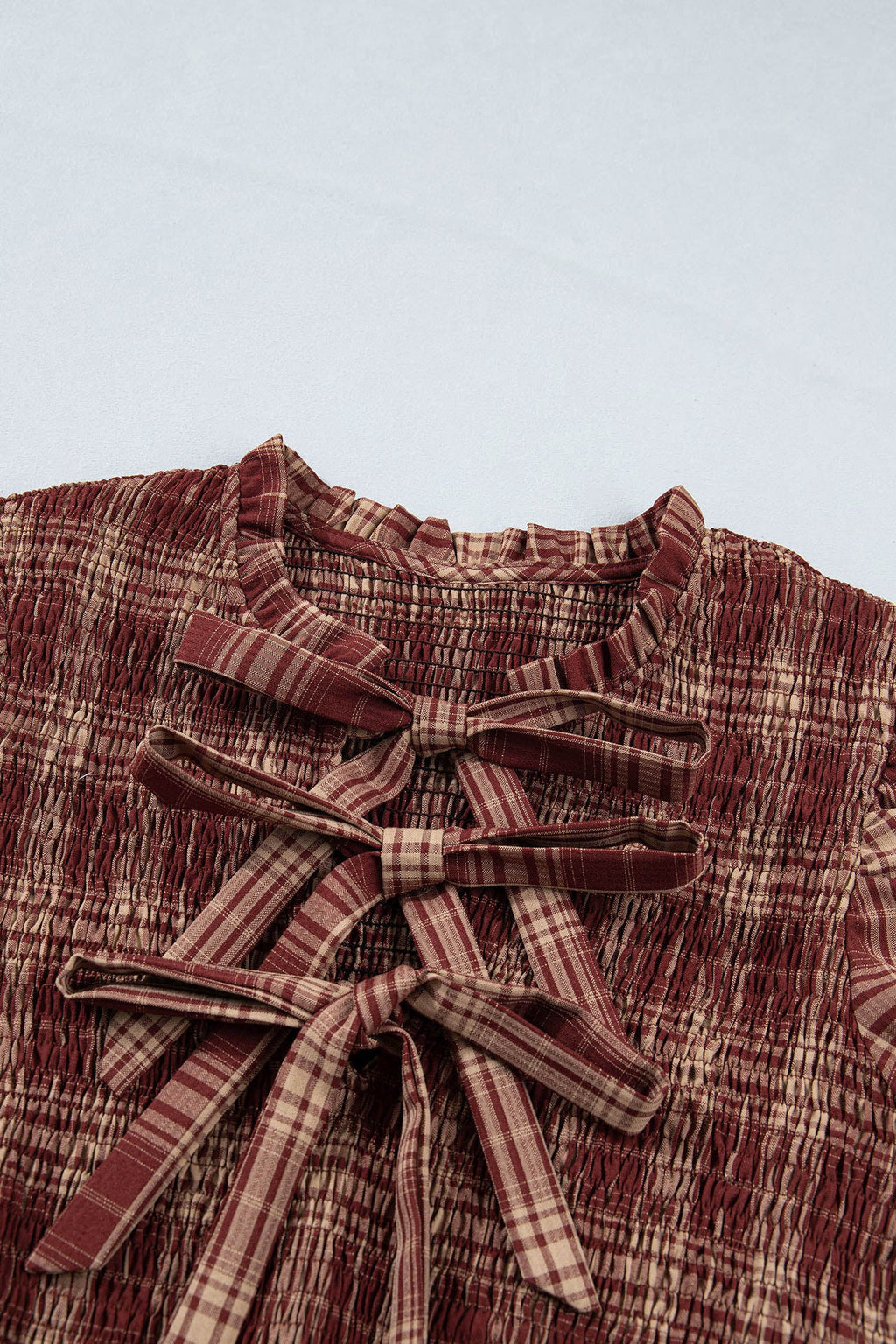 Plaid Vintage Knot Front Smocked High Waist Midi Dress