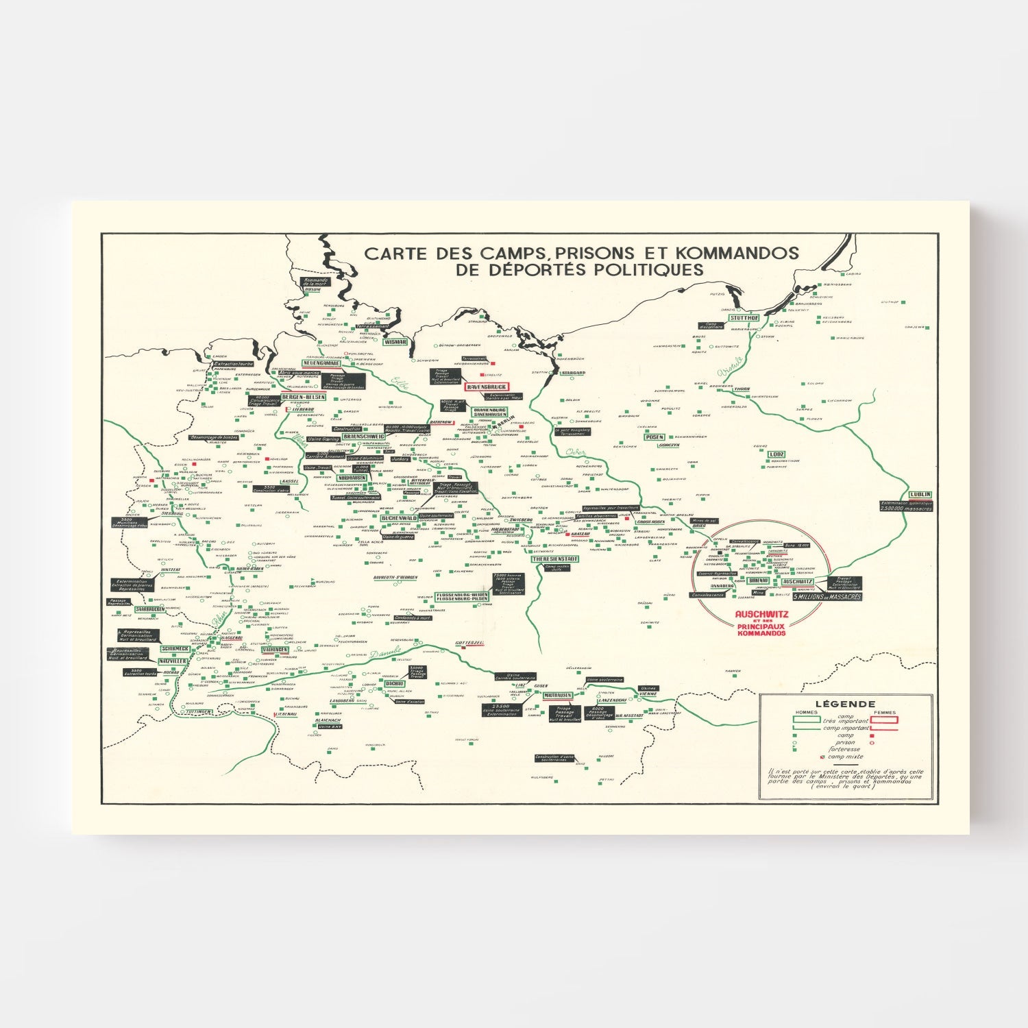 Vintage German Concentration Camps WWII Map 1946