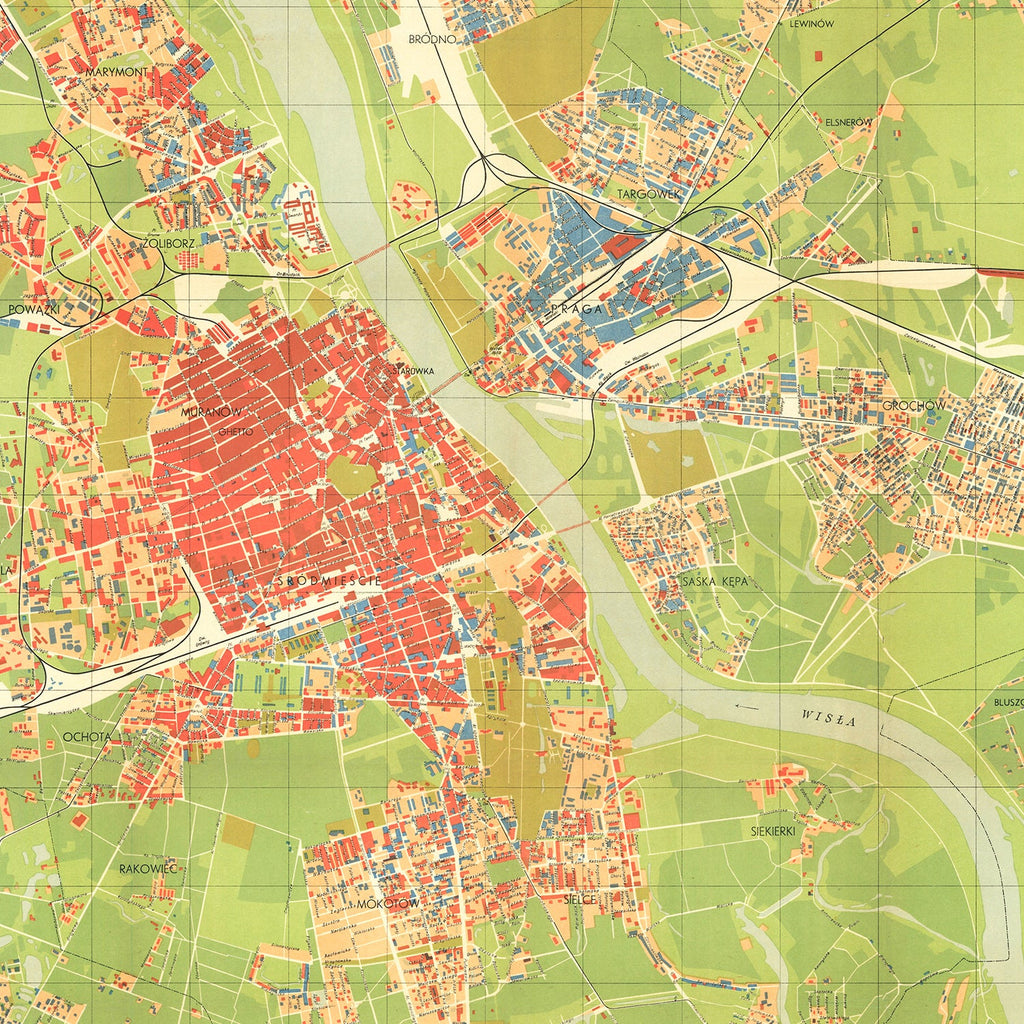 Vintage Map of Warsaw, Poland 1949