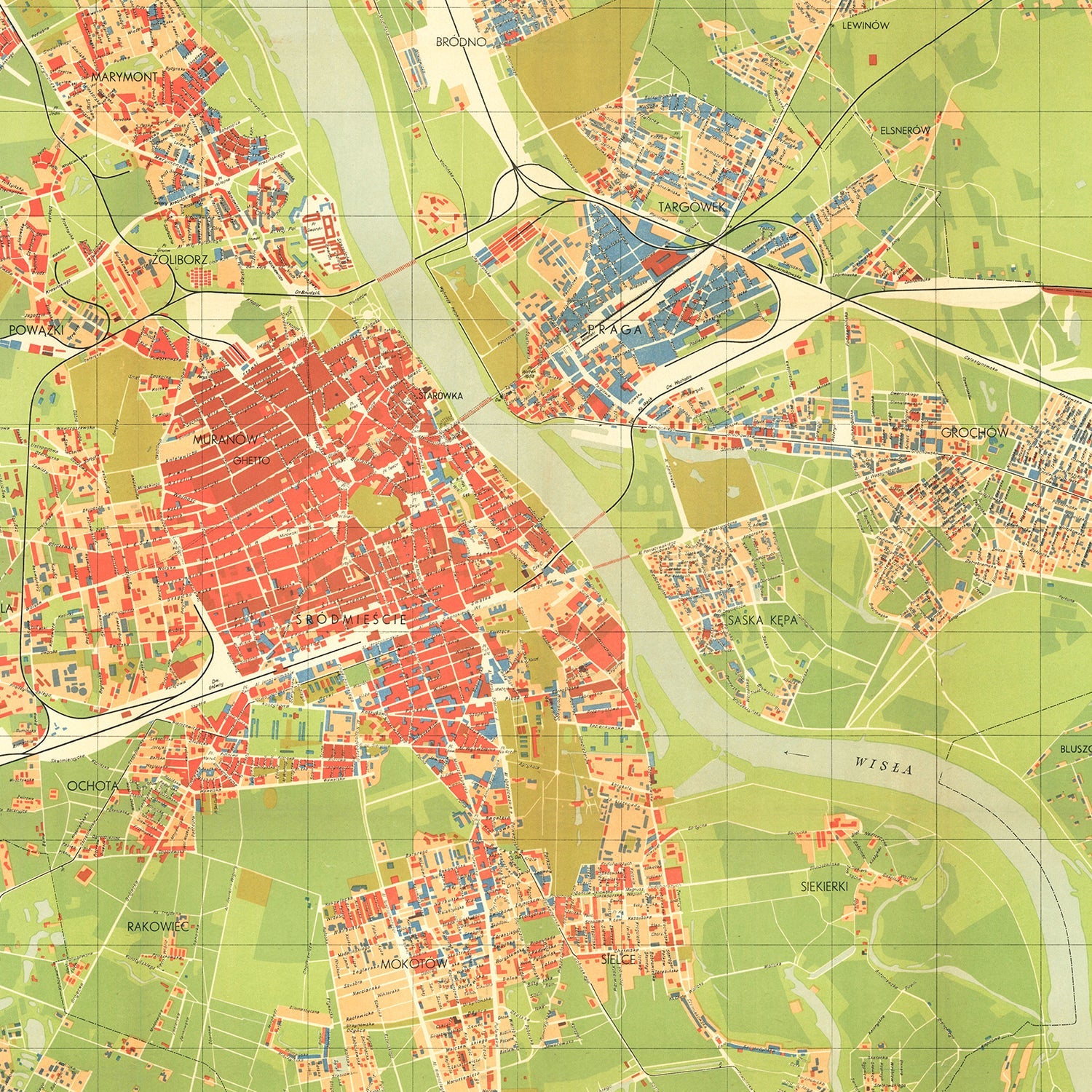 Vintage Map of Warsaw, Poland 1949