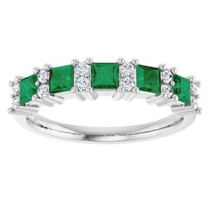 14K White 1/5 CTW Natural Diamond and Natural Emerald Anniversary Band