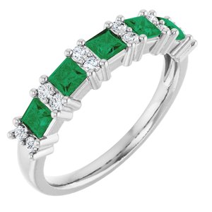 14K White 1/5 CTW Natural Diamond and Natural Emerald Anniversary Band