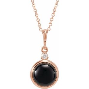 14K Rose 6 mm Natural Black Onyx & .03 CT Natural Diamond Cabochon 16-18" Necklace