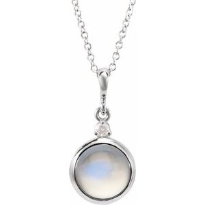 Platinum 8 mm Natural Rainbow Moonstone & .03 CT Natural Diamond Cabochon 16-18" Necklace