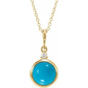 14K Yellow Gold 6 mm Natural Turquoise & .03 CT Natural Diamond Cabochon 16-18" Necklace