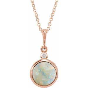 14K Rose 8 mm Natural White Opal & .03 CT Natural Diamond Cabochon 16-18" Necklace