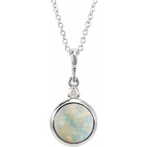 14K White 8 mm Natural White Opal & .03 CT Natural Diamond Cabochon 16-18" Necklace