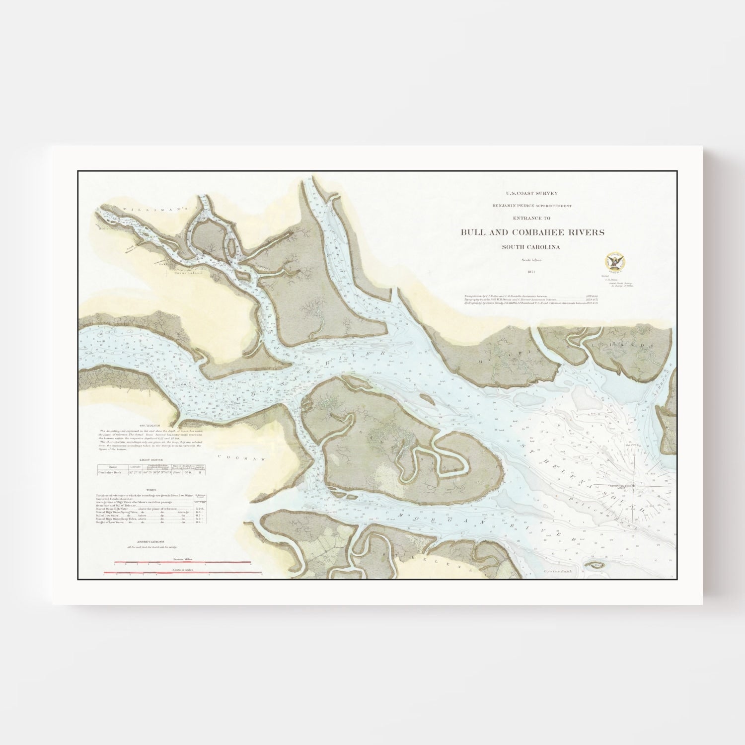 Vintage Entrance To Bull & Combahee Rivers Map 1871