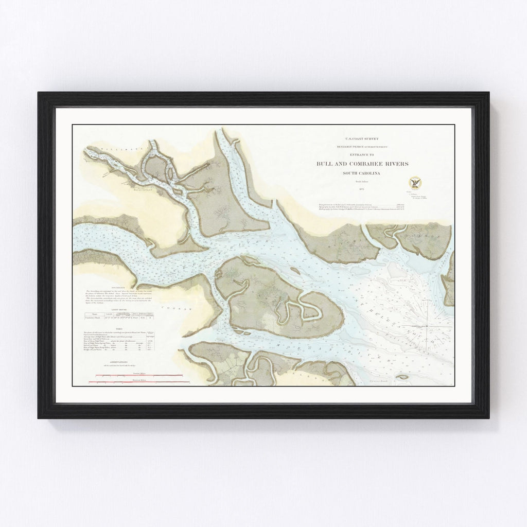 Vintage Entrance To Bull & Combahee Rivers Map 1871