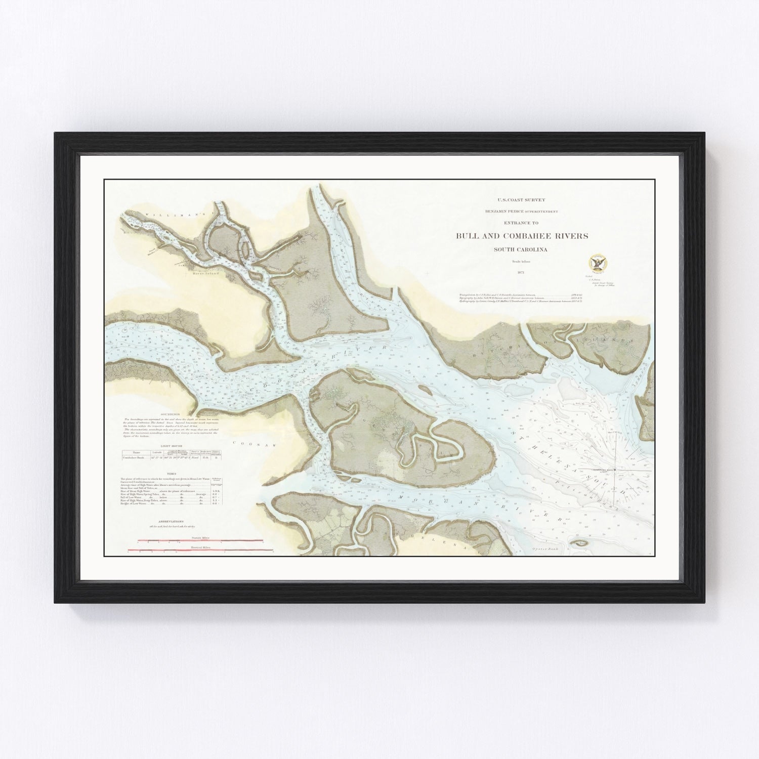 Vintage Entrance To Bull & Combahee Rivers Map 1871