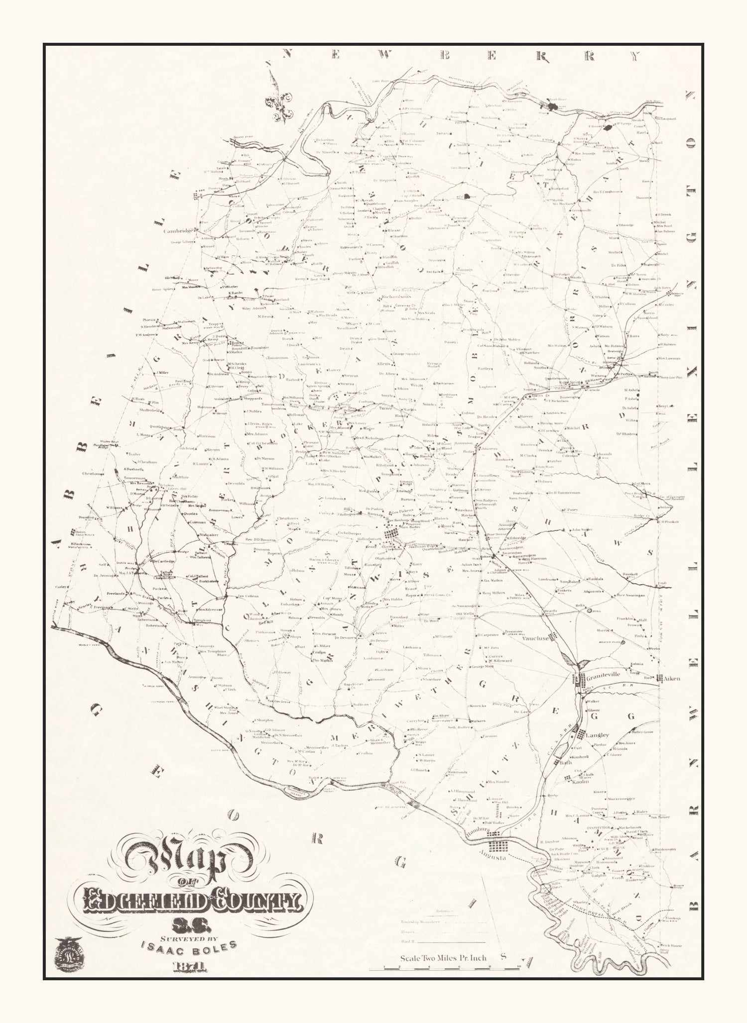 Vintage Map of Edgefield County, South Carolina 1871
