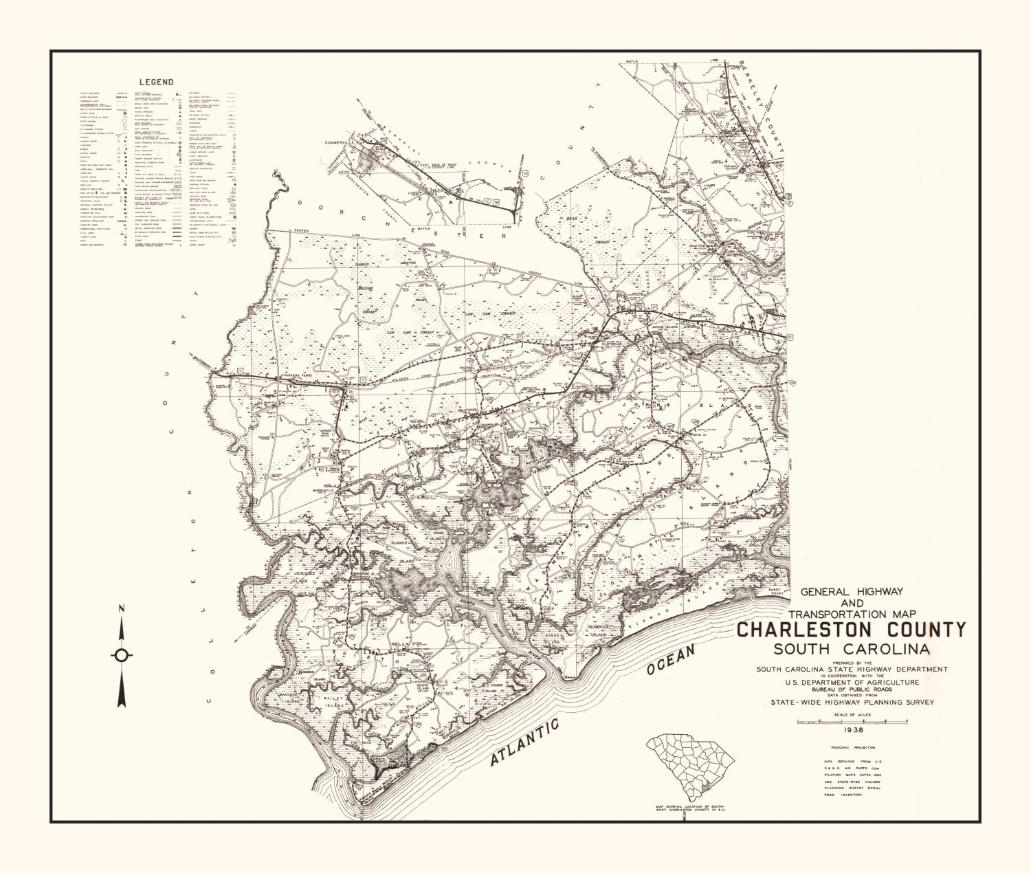 Vintage Map of Charleston County, South Carolina 1938