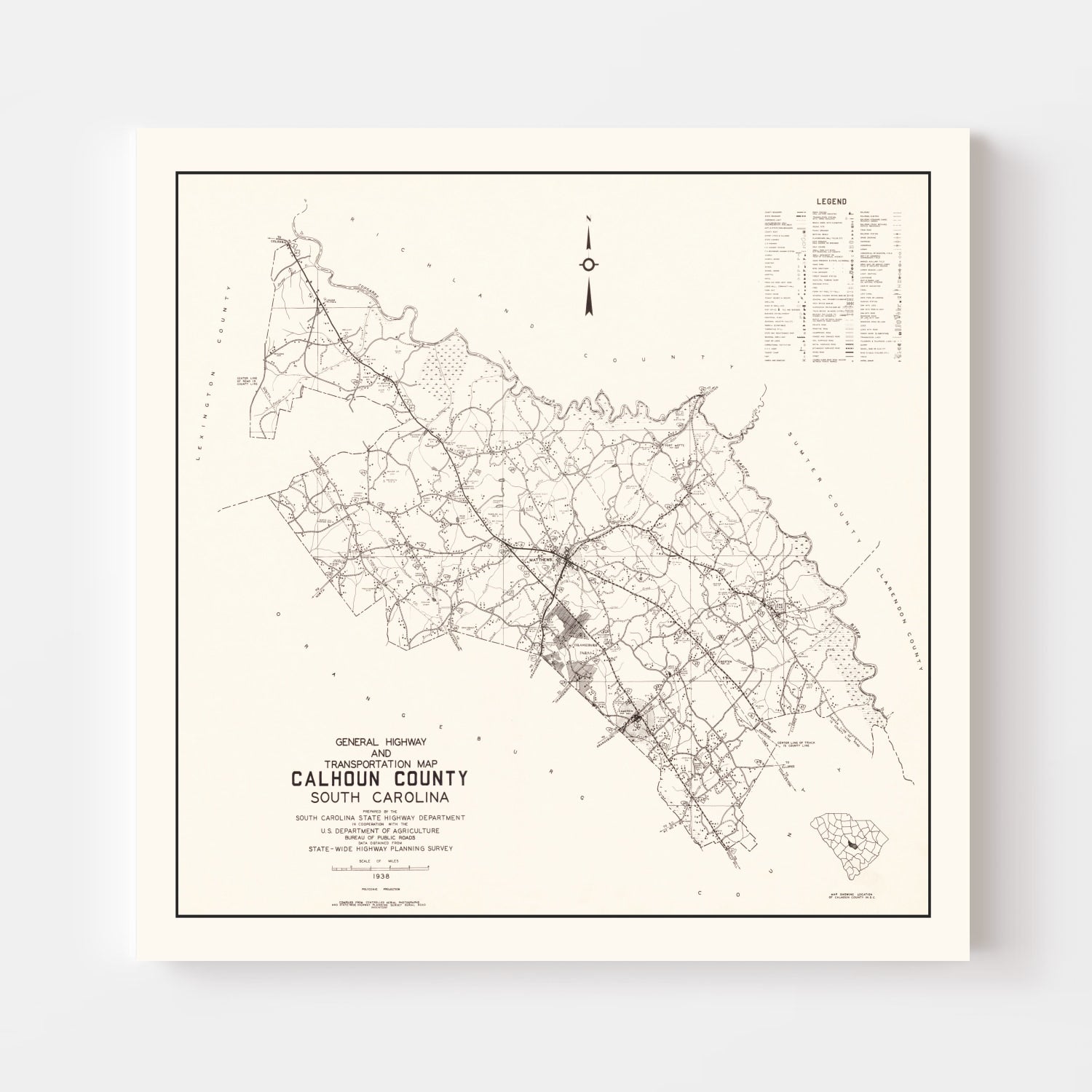 Vintage Map of Calhoun County, South Carolina 1938