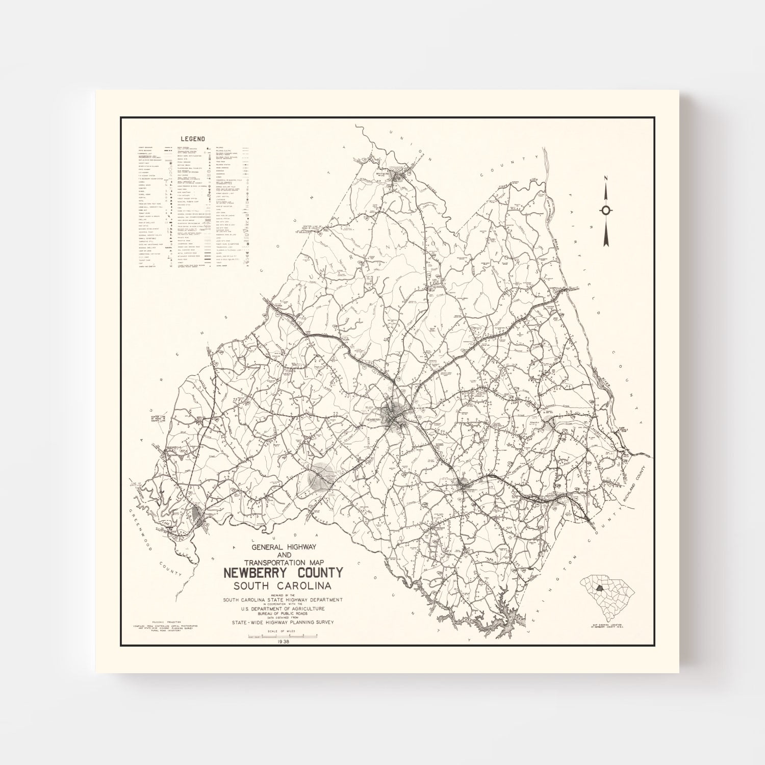 Vintage Map of Newberry County, South Carolina 1938