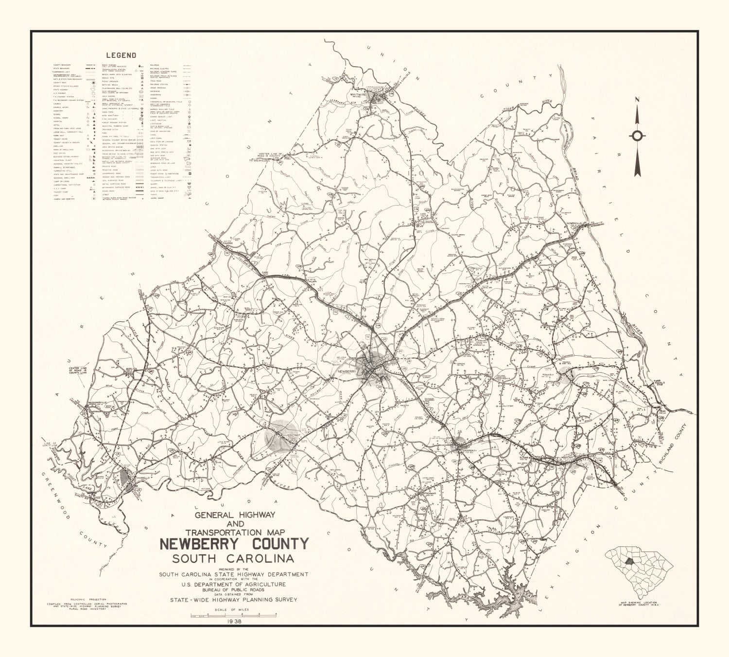 Vintage Map of Newberry County, South Carolina 1938