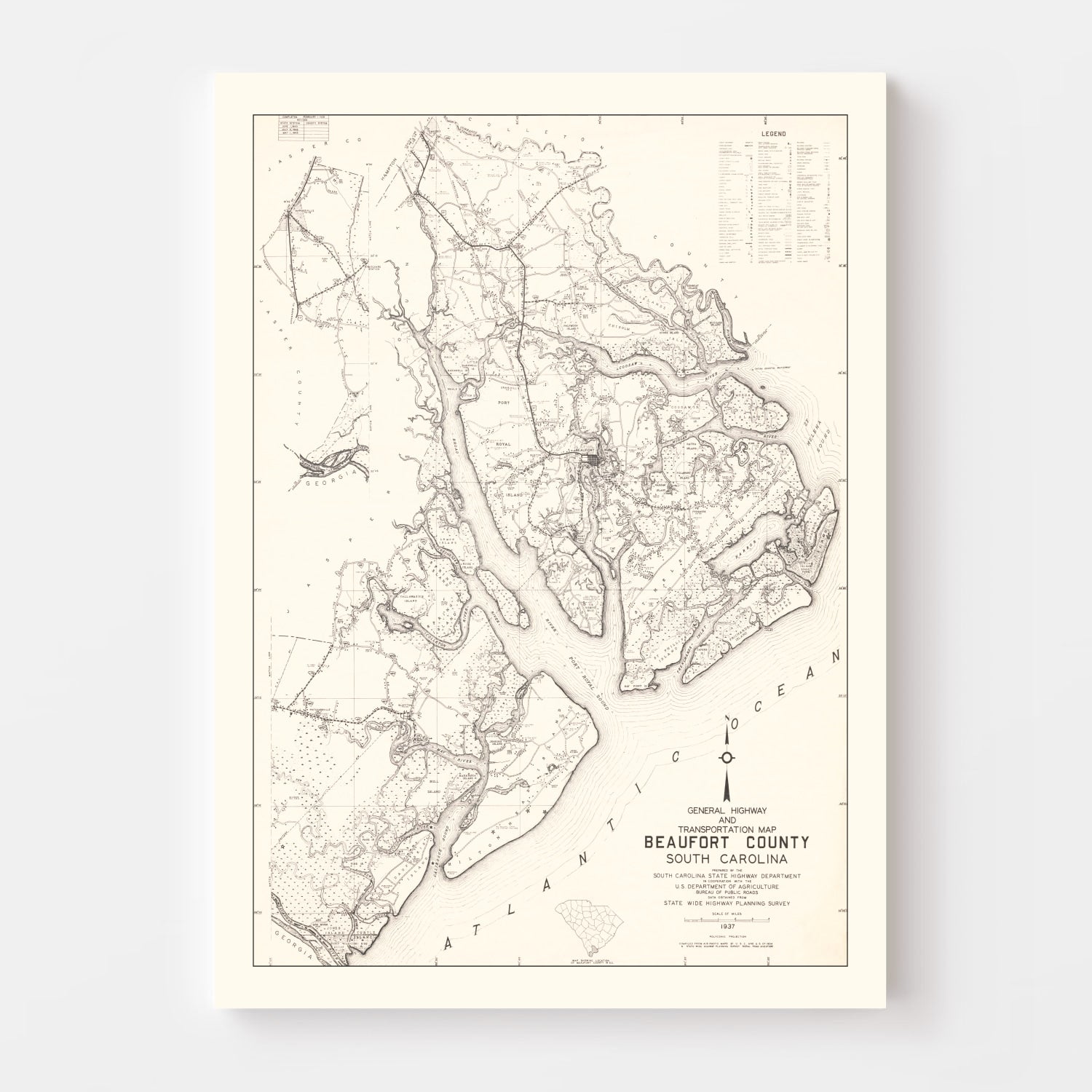 Vintage Map of Beaufort County, South Carolina 1938