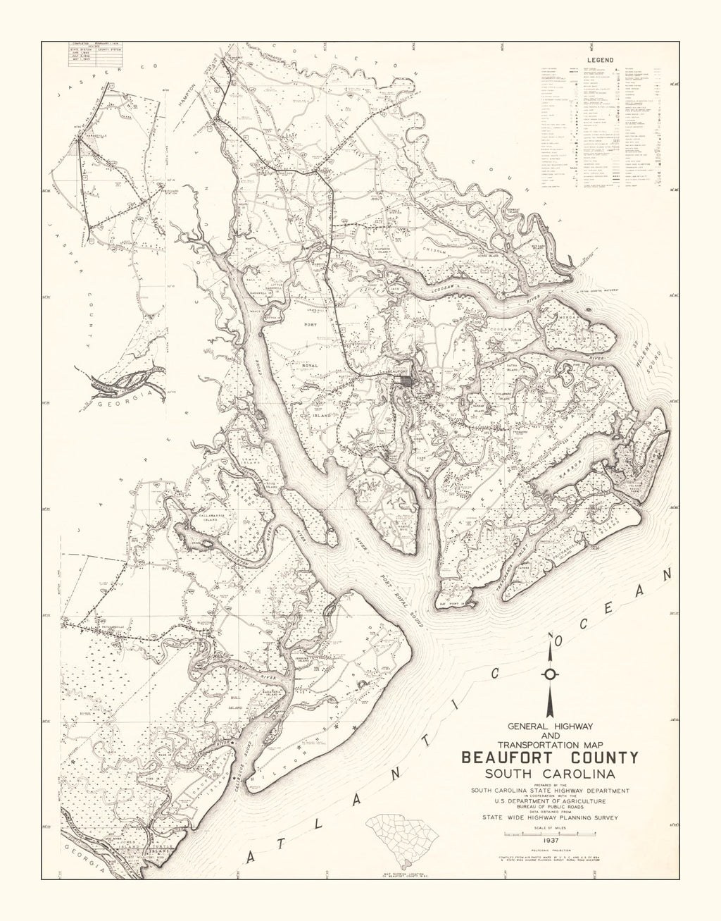 Vintage Map of Beaufort County, South Carolina 1938