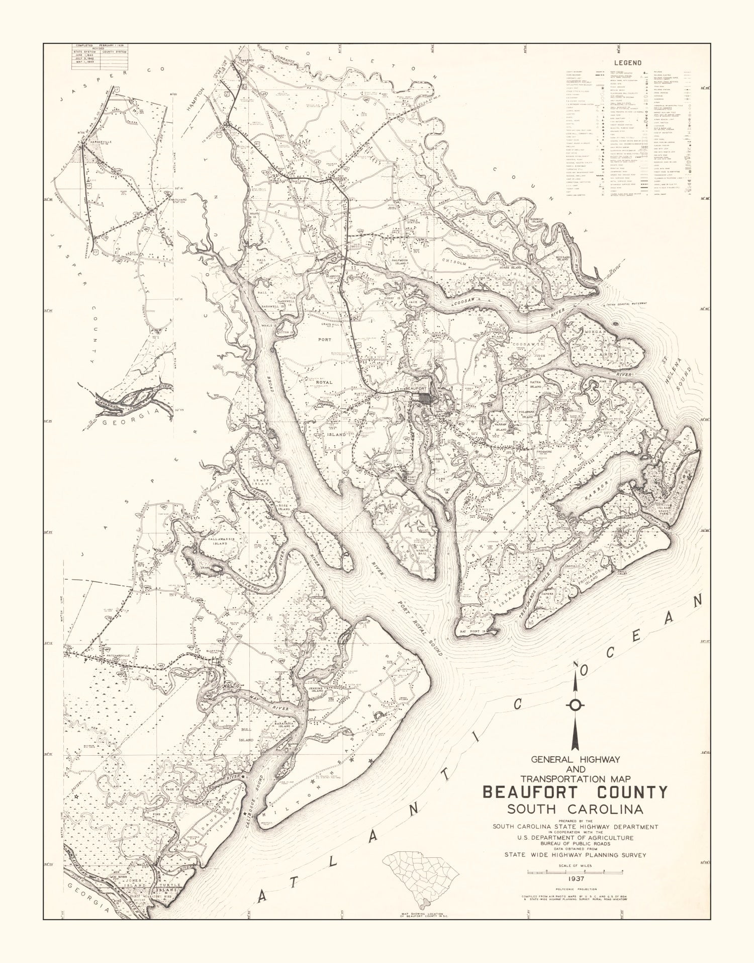 Vintage Map of Beaufort County, South Carolina 1938