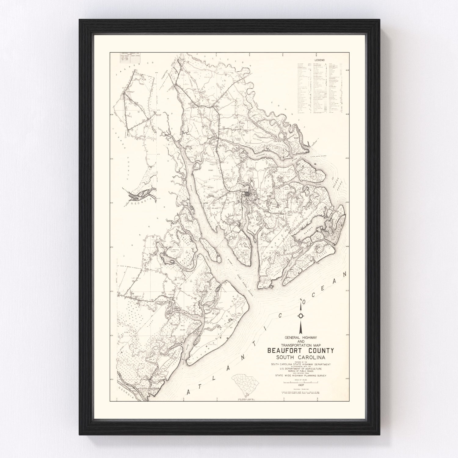 Vintage Map of Beaufort County, South Carolina 1938