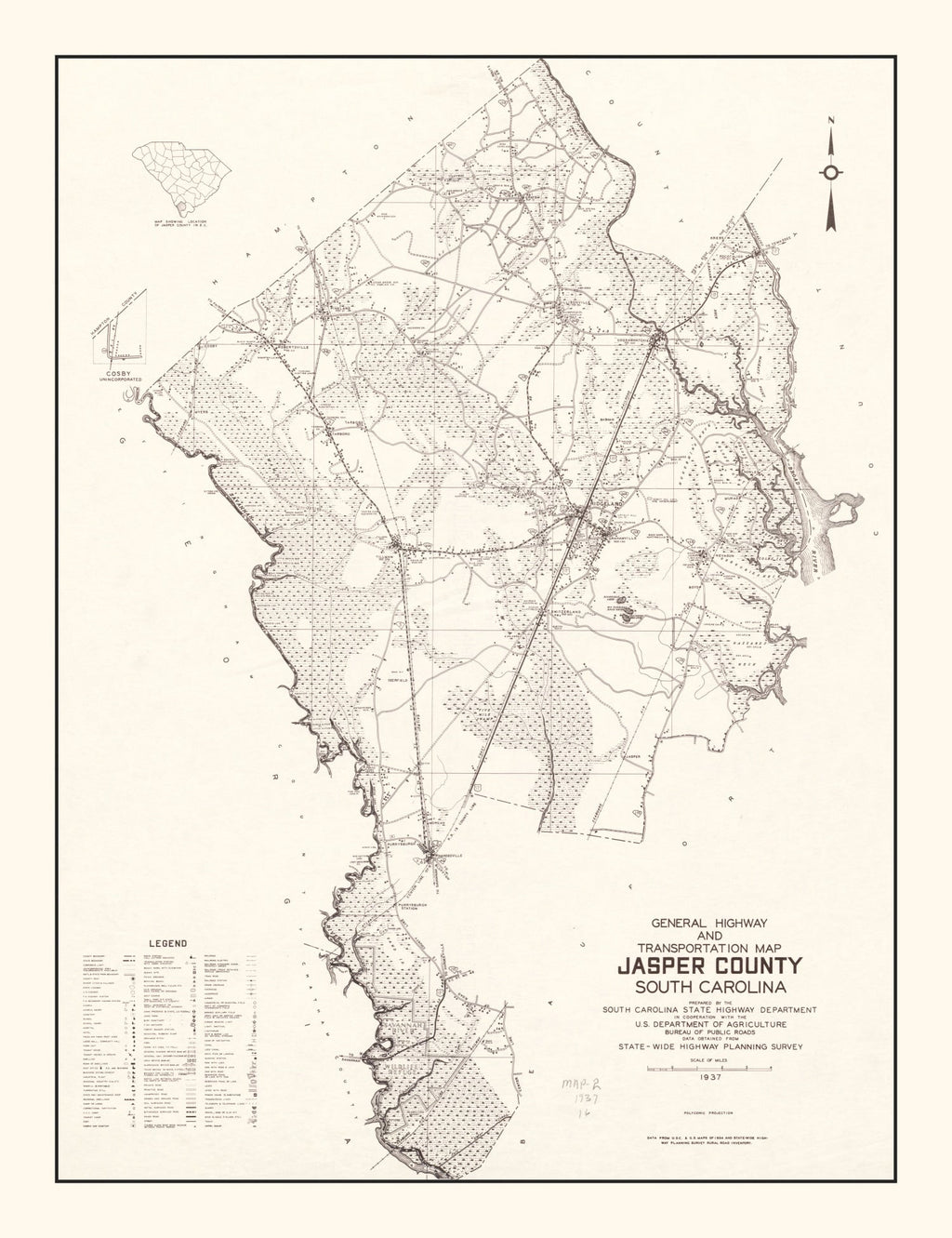 Vintage Map of Jasper County, South Carolina 1938