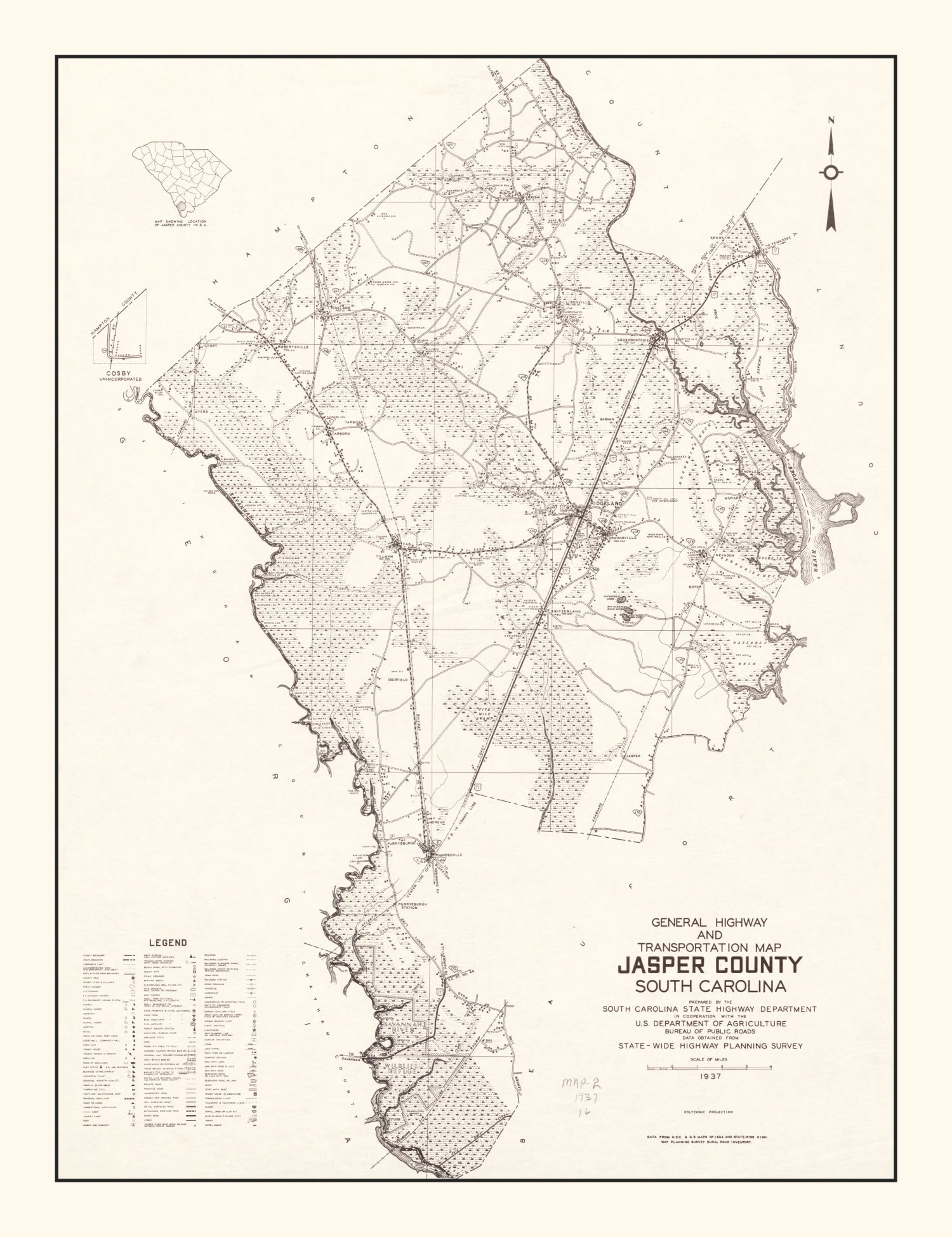 Vintage Map of Jasper County, South Carolina 1938