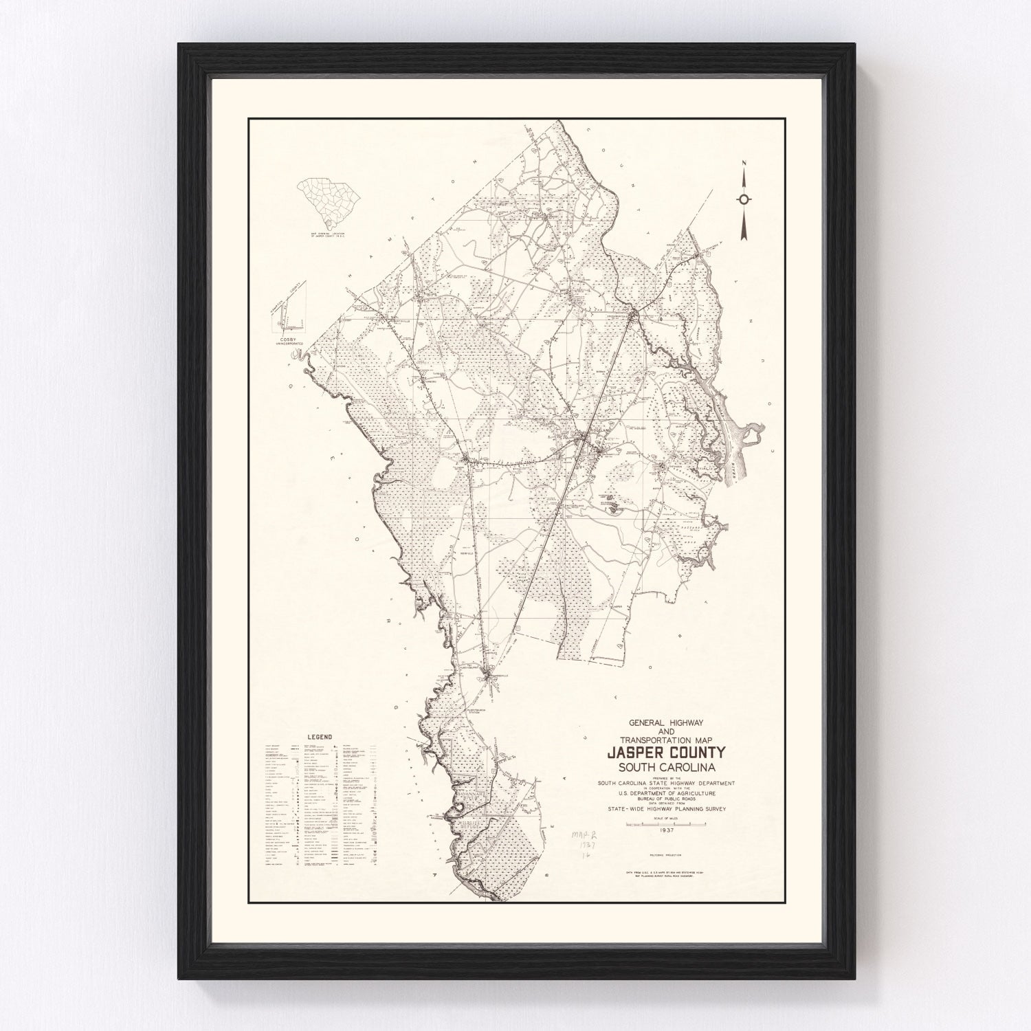 Vintage Map of Jasper County, South Carolina 1938