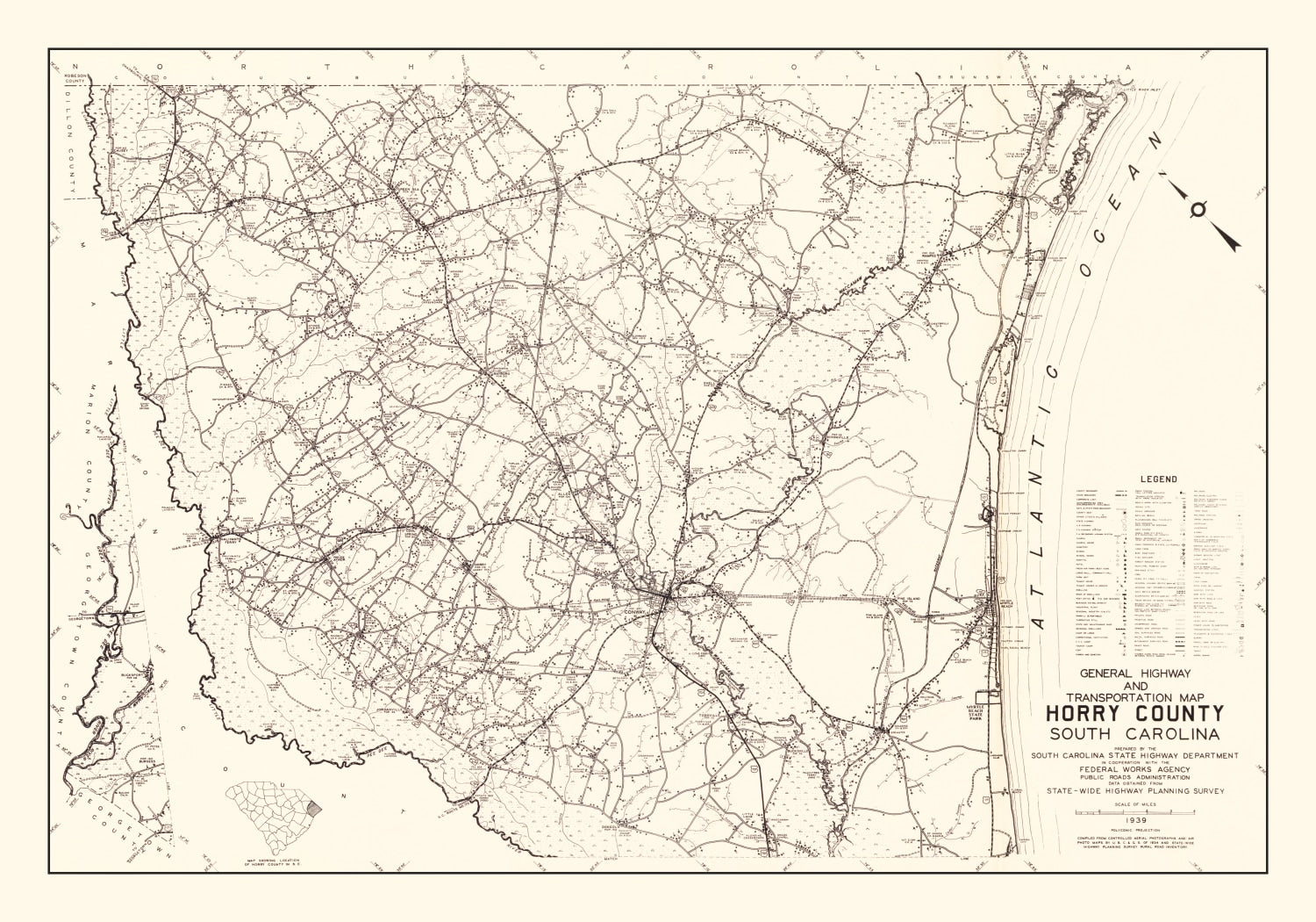Vintage Map of Horry County, South Carolina 1939