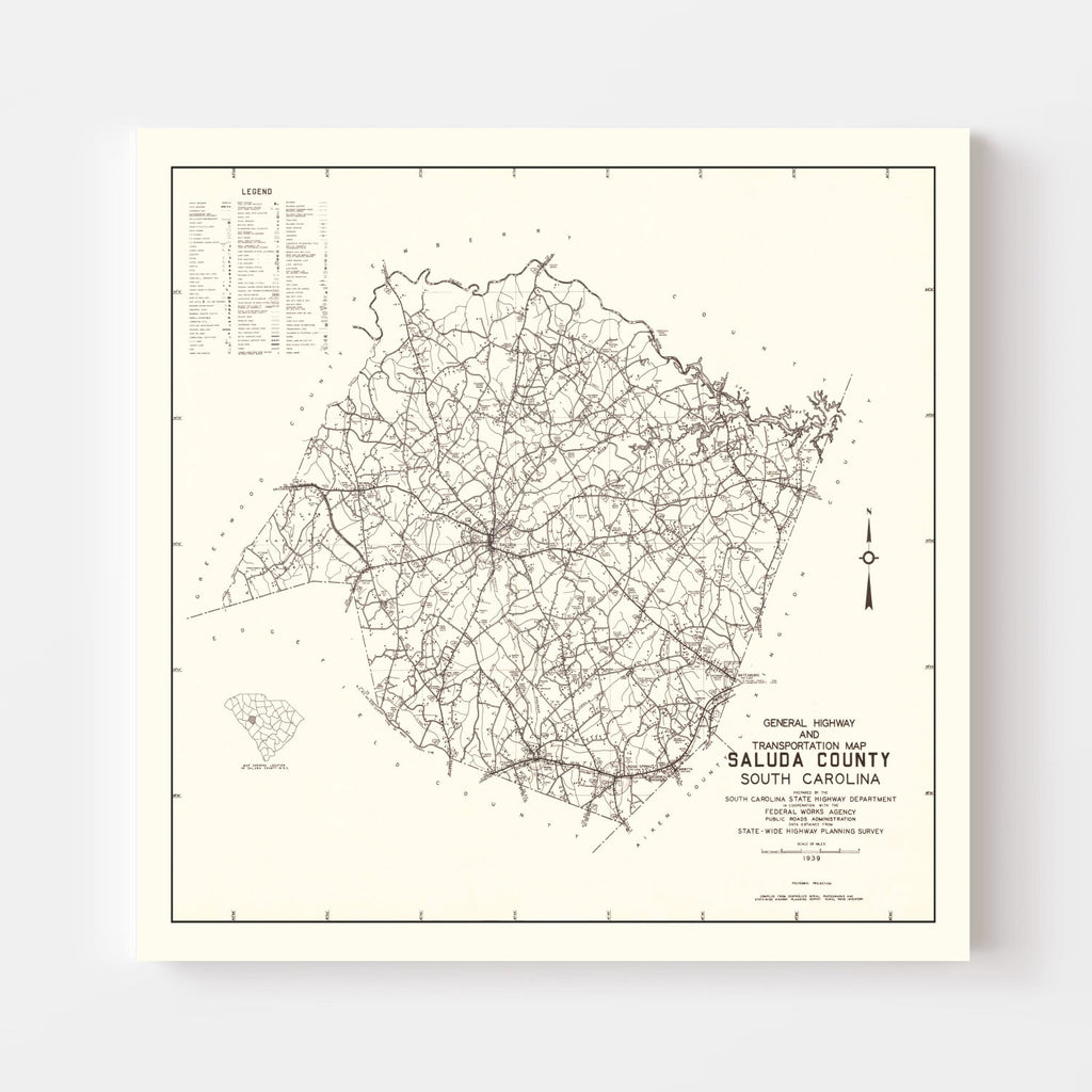 Vintage Map of Saluda County, South Carolina 1939
