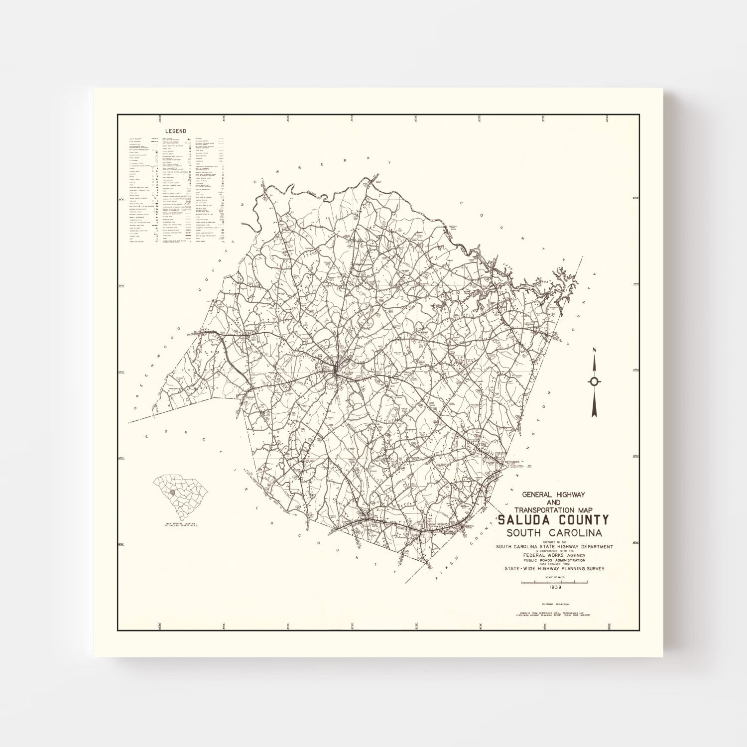 Vintage Map of Saluda County, South Carolina 1939